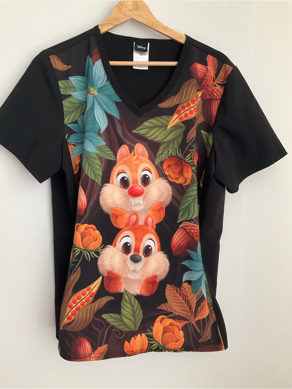 Tooniforms Disney Character Print Scrub Chip and Dale Floral V neck